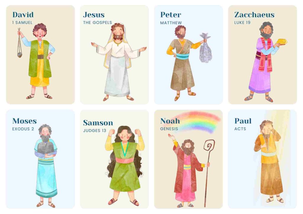 Bible Character Trading Cards A set of 16 colorful Bible Character Trading Cards featuring popular figures such as Noah, Jesus, Ruth, Zacchaeus, and more. These cards are perfect for interactive learning and fun for children in Sunday school, Bible study, and at home.