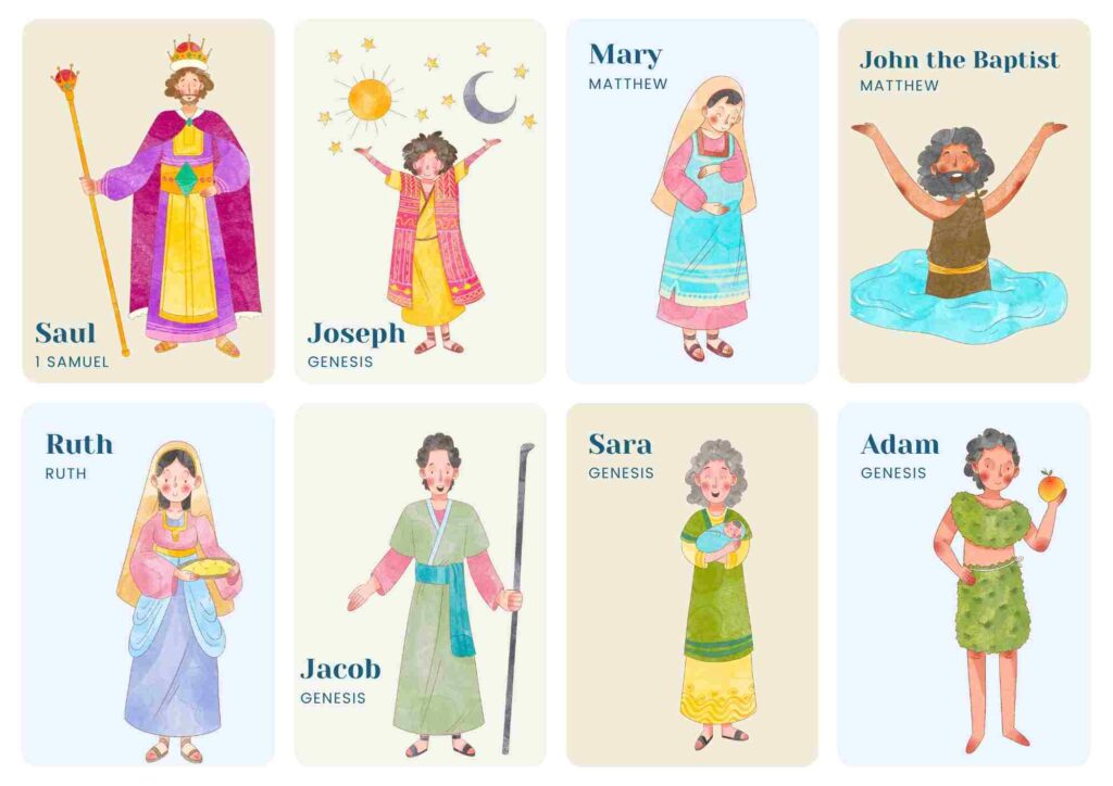 A set of 16 colorful Bible Character Trading Cards featuring popular figures such as Noah, Jesus, Ruth, Zacchaeus, and more. These cards are perfect for interactive learning and fun for children in Sunday school, Bible study, and at home.