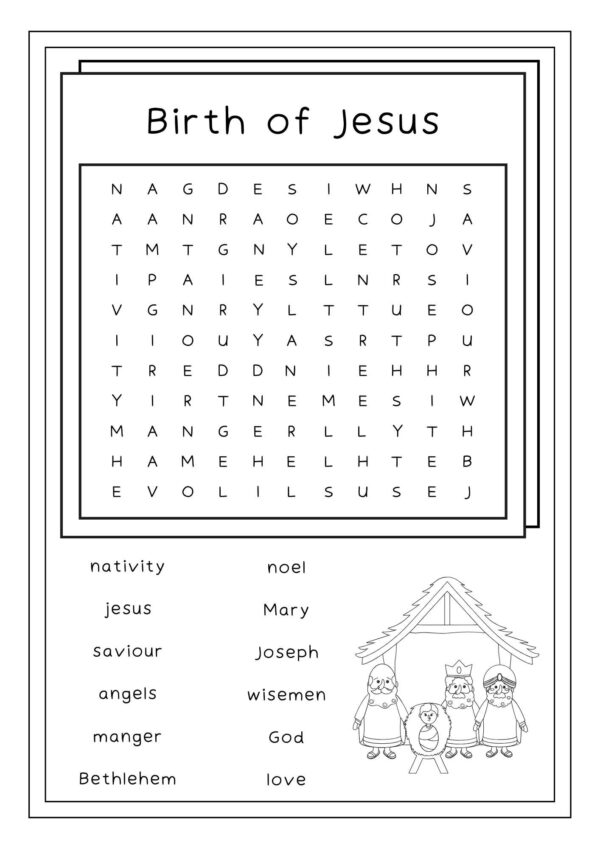 Birth of Jesus Christian Christmas Word Search Worksheet