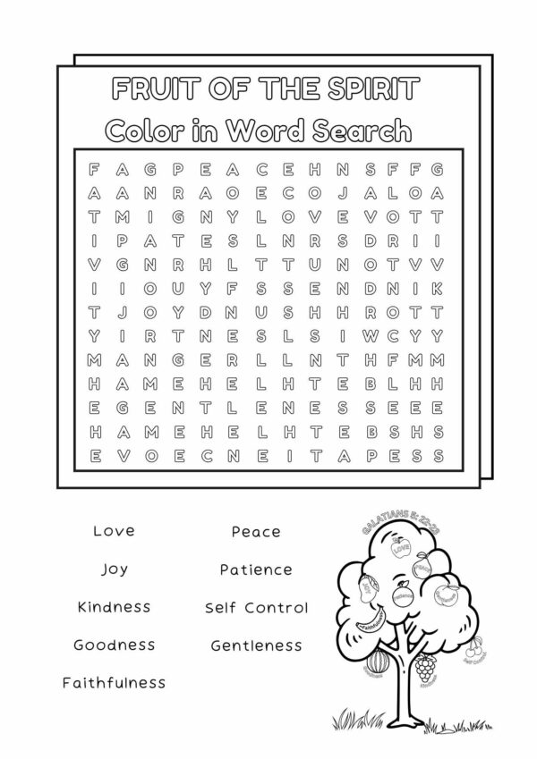 Fruit of the Spirit Colour/Color in Word Search Printable