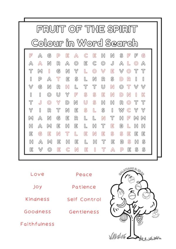 Fruit of the Spirit Colour/Color in Word Search Printable