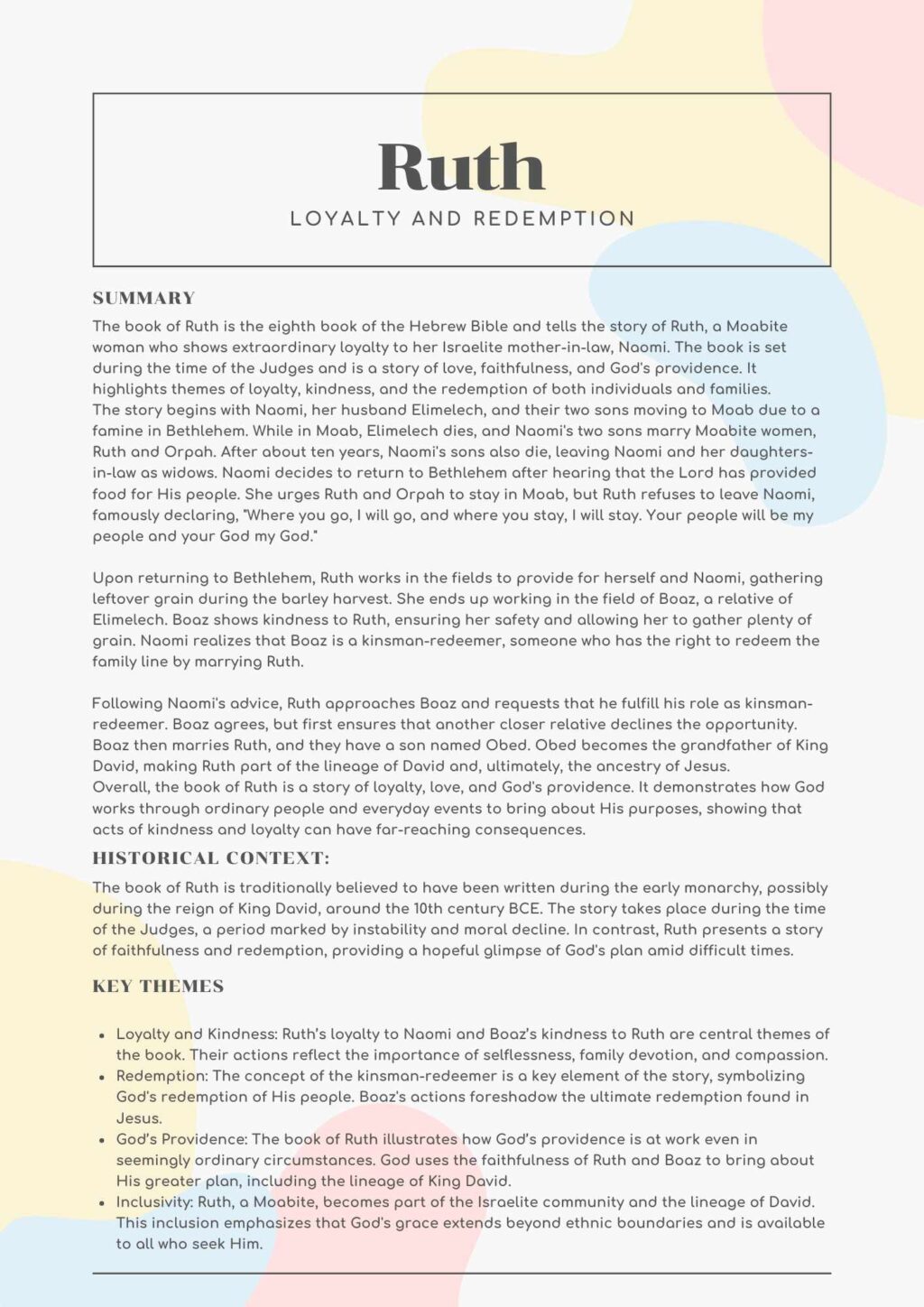 Bible Study Guide Ruth Ruth Printable Bible Study: Loyalty, Love, and Redemption - Free Bible ...