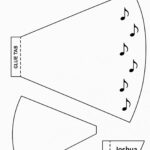 Black‑and‑white A4 template with cone pieces, glue tab, musical notes and ‘Joshua 6’ flag for a roll‑up trumpet craft about Jericho walls.