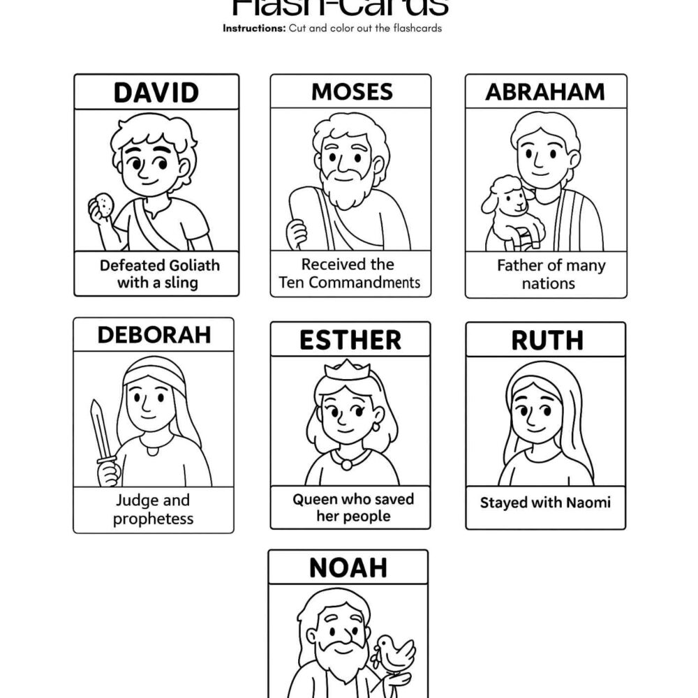 Bible Characters Flash‑Cards – Moses, Abraham, David, Deborah, Noah & Esther