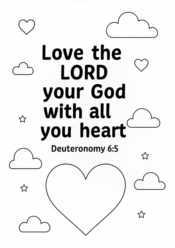 Deuteronomy 65 Memory Verse Coloring Page “Love the Lord Your God with All Your Heart” Free