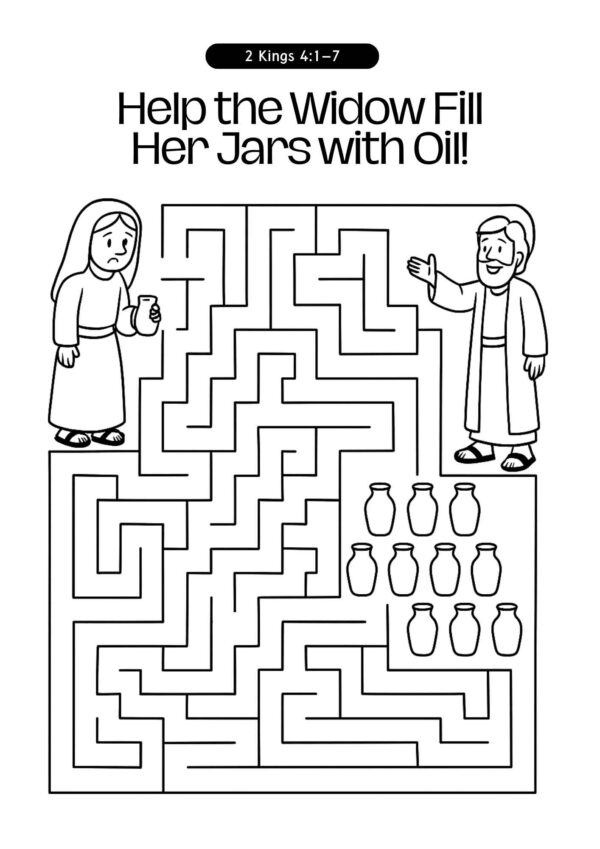 Free Elisha and the Widow’s Oil Maze Printable – Bible Worksheet for Kids (2 Kings 41–7)