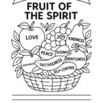 Black‑and‑white A4 journal page shows banner “Galatians 5:22‑23”, basket of labelled fruits for each Spirit virtue, and ten lined reflection lines below.