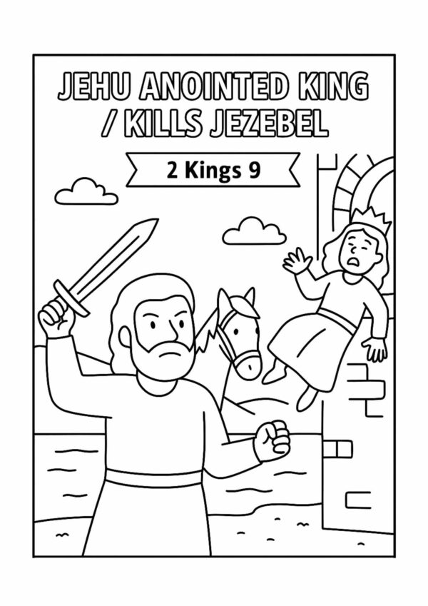 Jehu Anointed King and Jezebel’s Fall – Free Bible Coloring Page for Kids (2 Kings 9)