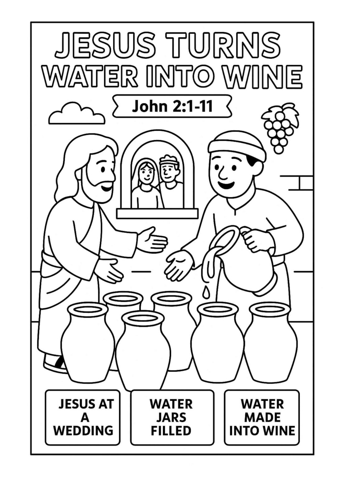 Jesus Turns Water into Wine – Free Bible Coloring Page for Kids (John 2:1–11) - Free Bible ...