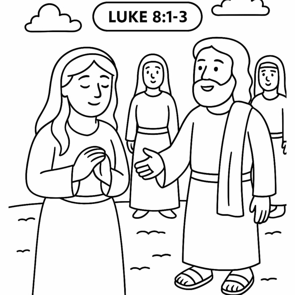 Mary Magdalene Bible Coloring Page – Free Printable for Kids (Luke 8:1–3)