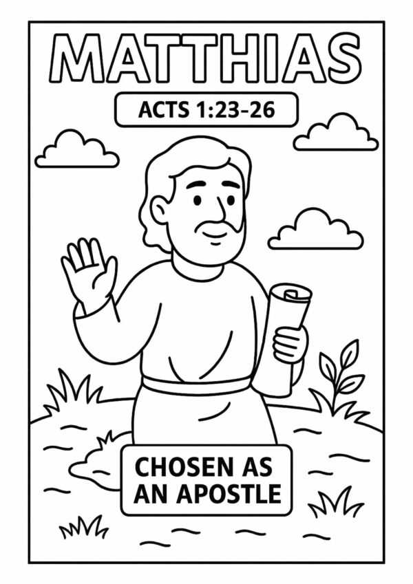 Matthias Bible Character Coloring Page – Free Printable for Kids (Acts 123–26)