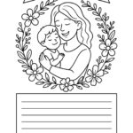Black‑and‑white A4 colouring page shows a smiling mother cuddling her child inside a floral wreath, banner reads “Proverbs 31:25”, lined journalling box below.