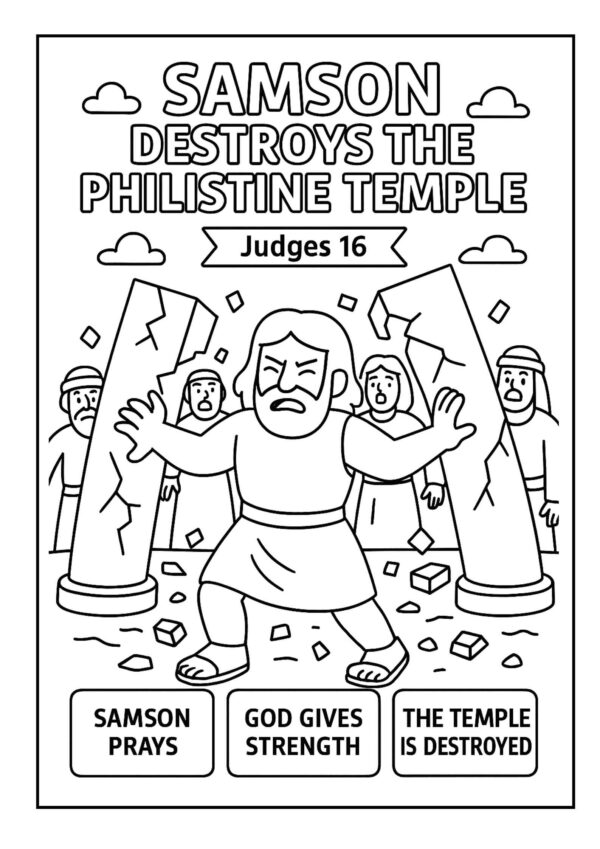 Samson Destroys the Philistine Temple – Free Judges 16 Coloring Page for Kids