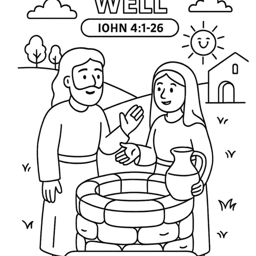 Woman at the Well Bible Coloring Page – Free Printable for Kids (John 4:1–26)
