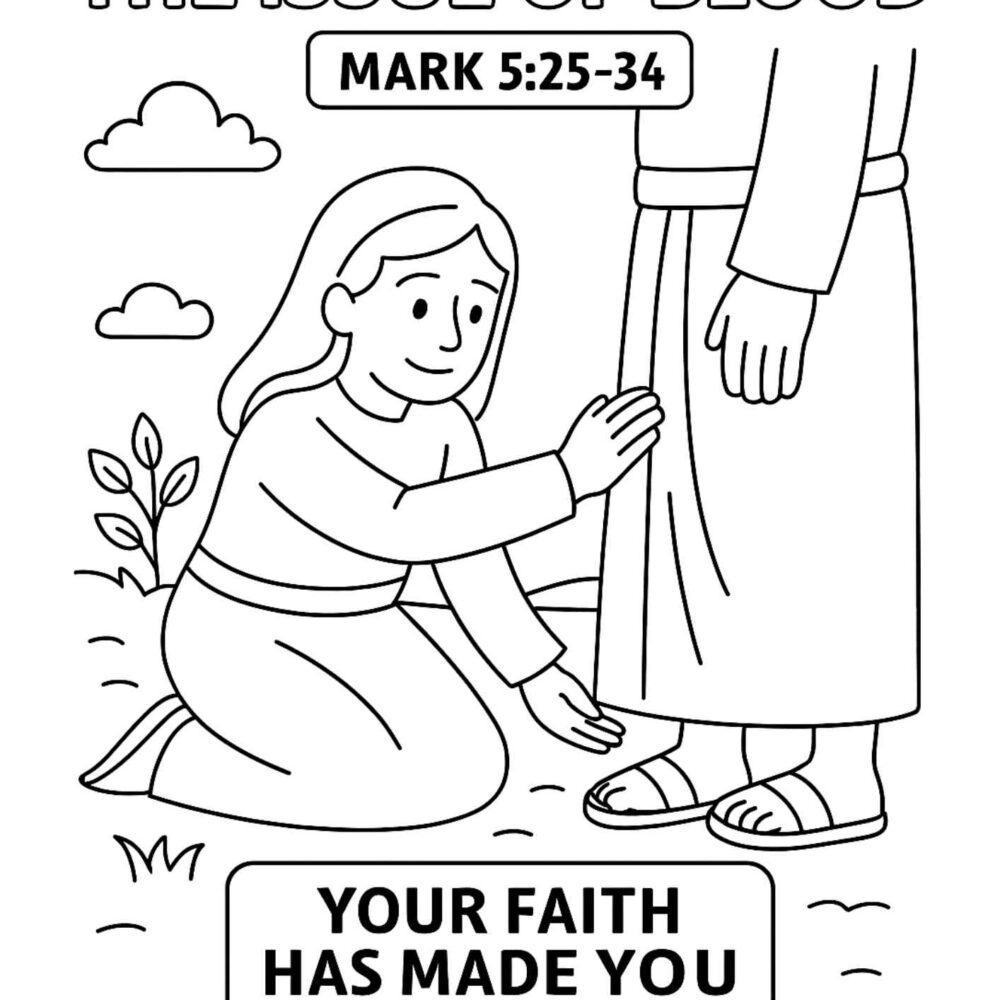 Woman with the Issue of Blood Bible Coloring Page – Free Printable for Kids (Mark 525–34)
