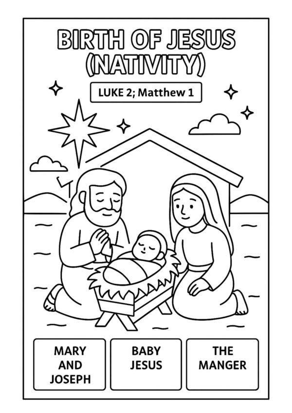 Birth of Jesus (Nativity) – Free Bible Coloring Page for Kids (Luke 2; Matthew 1)