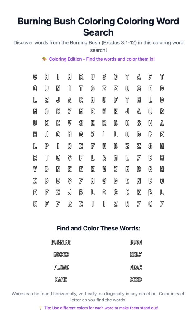 Burning Bush Coloring Word Search