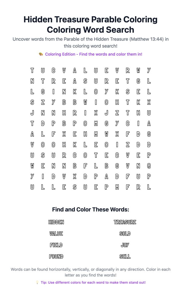 Hidden Treasure Parable Coloring Word Search