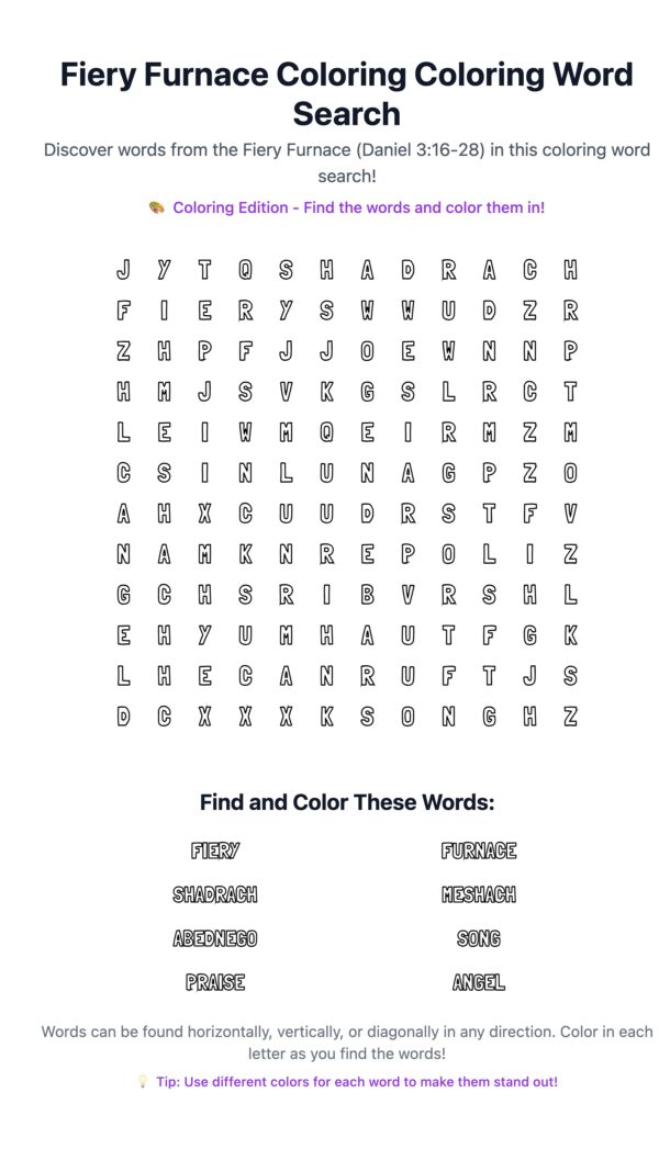 Fiery Furnace Coloring Word Search