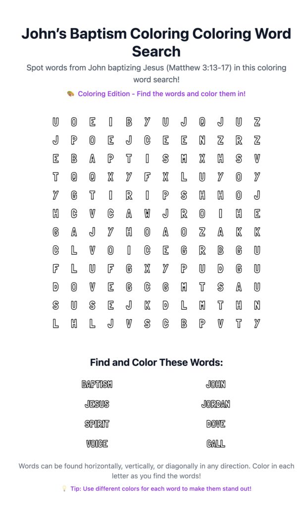 John’s Baptism Coloring Word Search