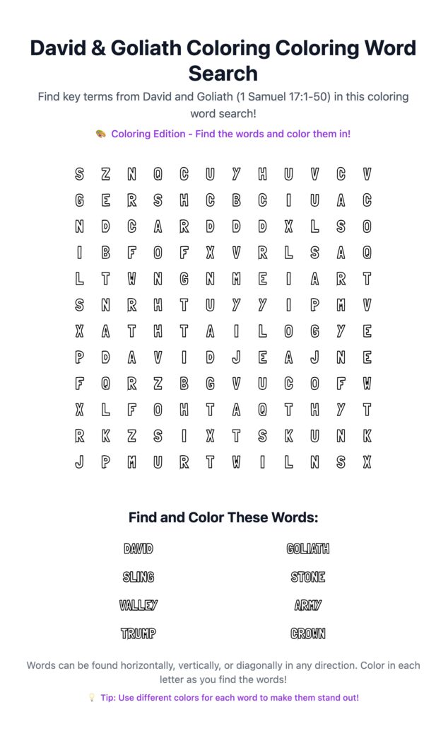 David & Goliath Coloring Word Search
