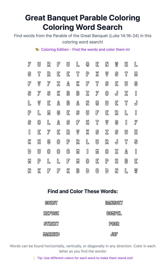 Great Banquet Parable Coloring Word Search