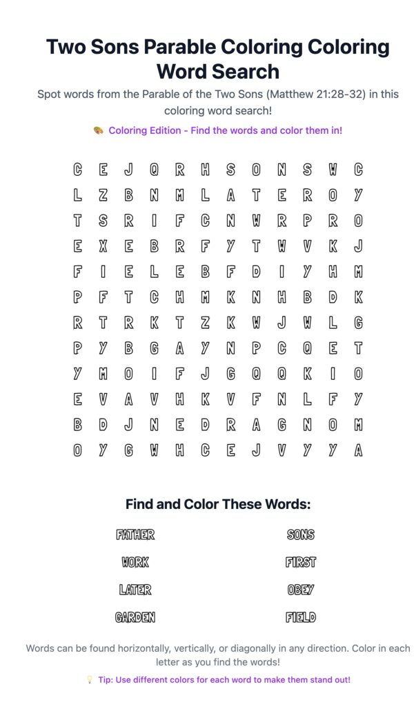 Two Sons Parable Coloring Word Search