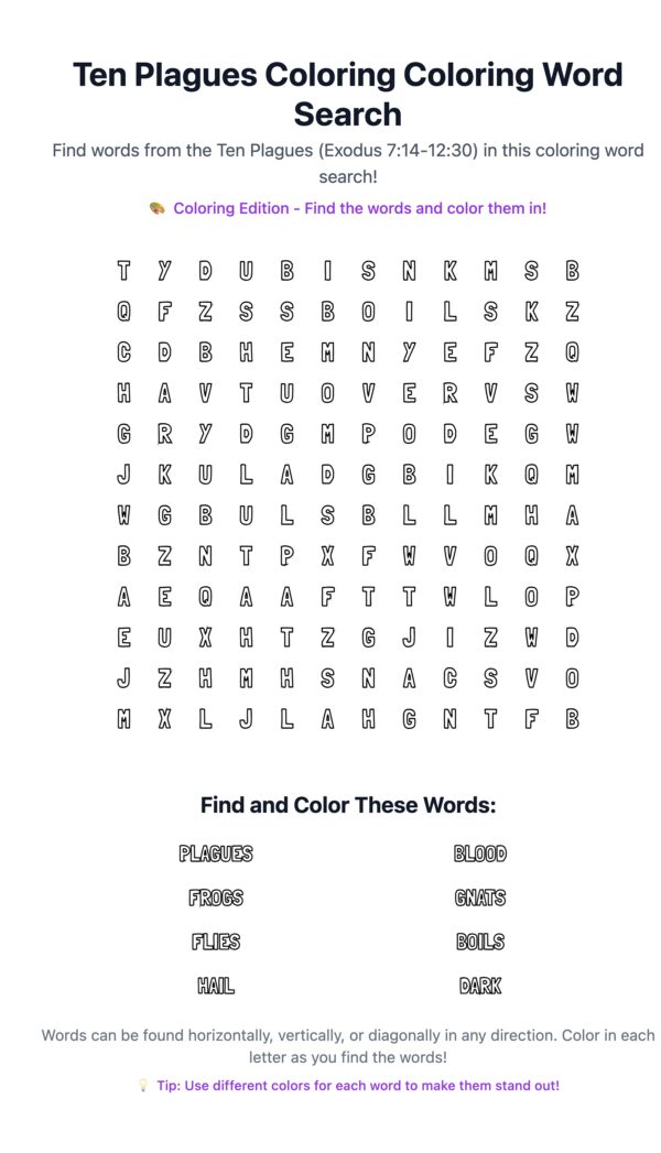 Ten Plagues Coloring Word Search