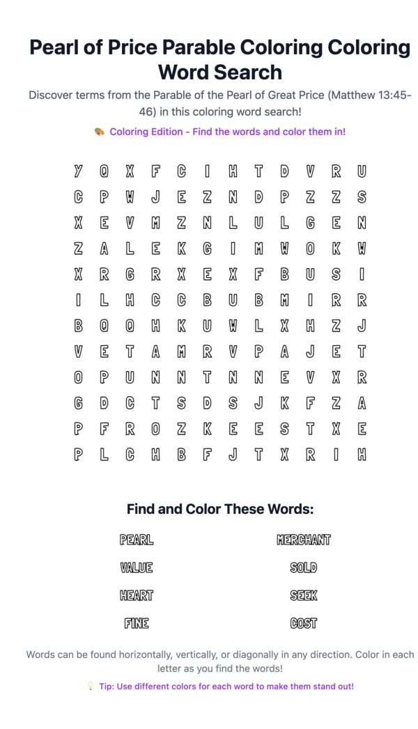 Pearl of Price Parable Coloring Word Search