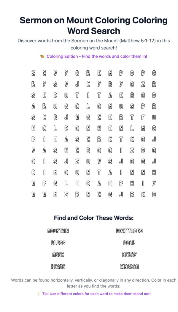 Sermon on Mount Coloring Word Search