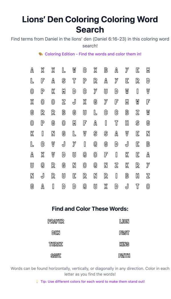 Lions’ Den Coloring Word Search