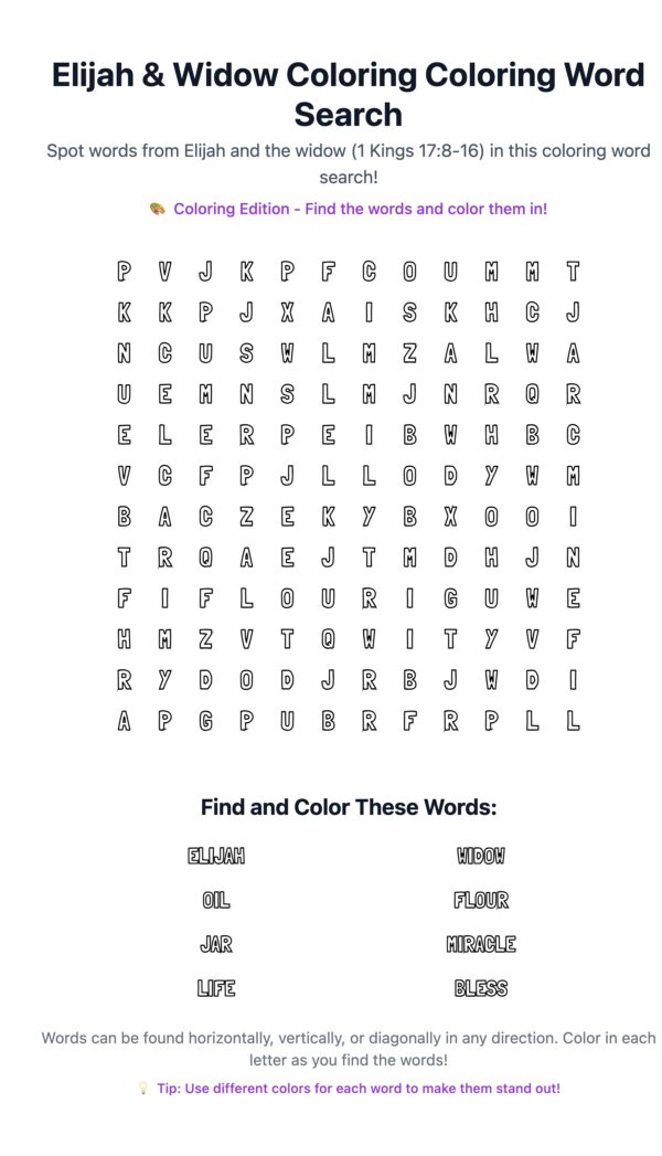Elijah & Widow Coloring Word Search