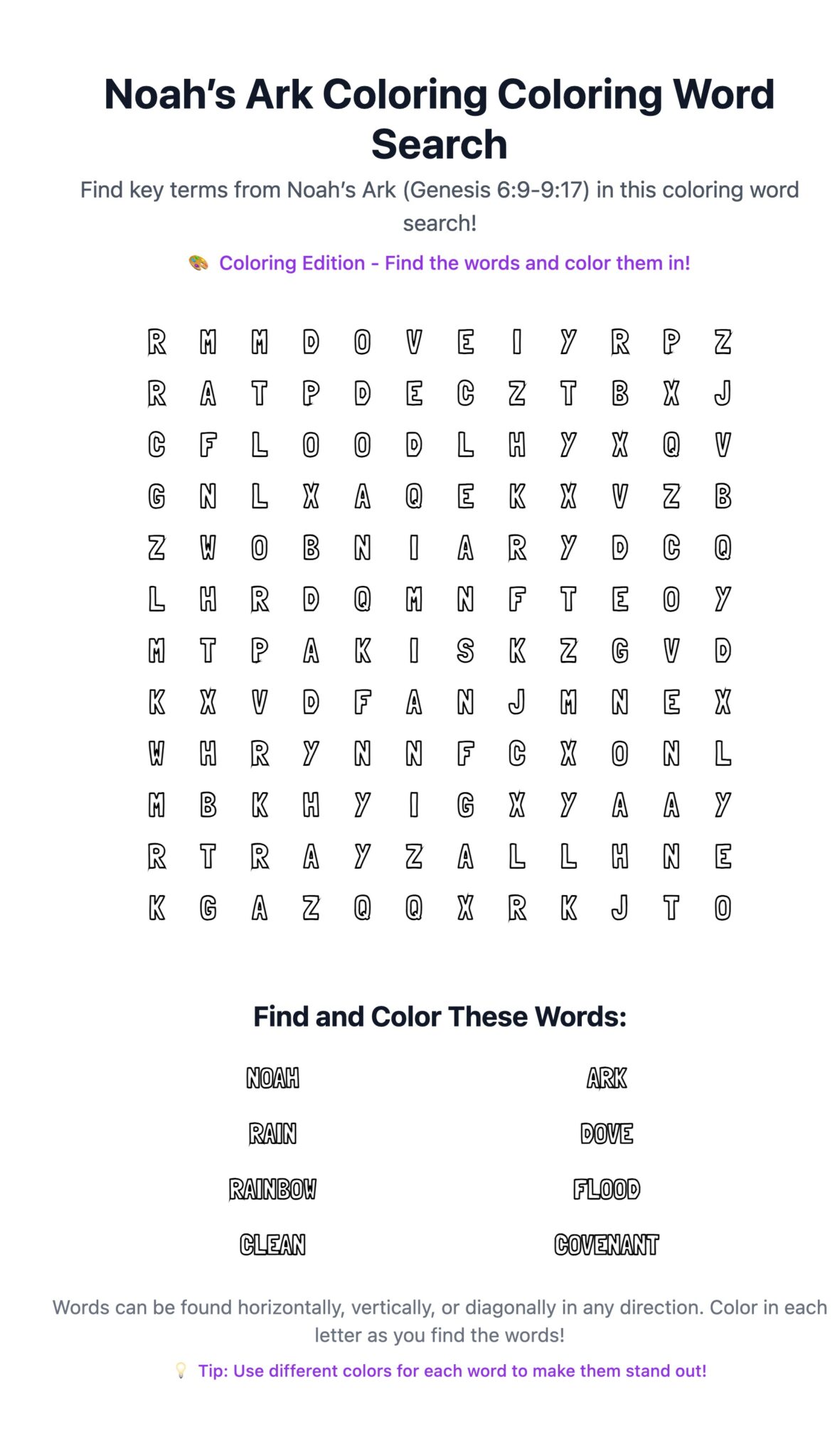 Noah’s Ark Coloring Word Search