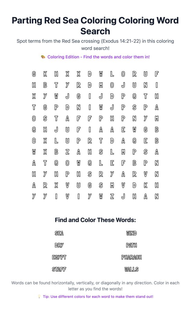 Parting Red Sea Coloring Word Search