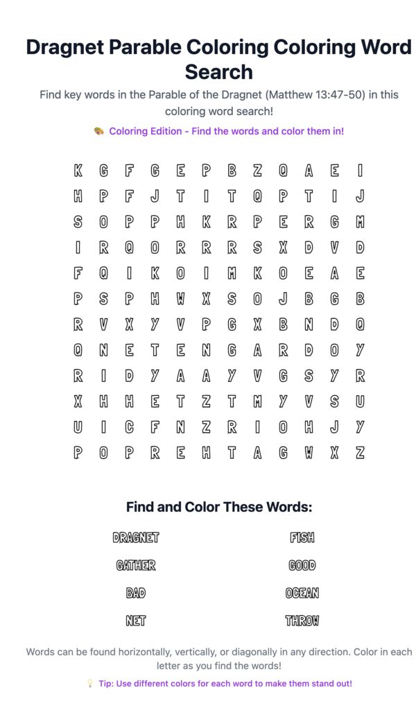 Dragnet Parable Coloring Word Search