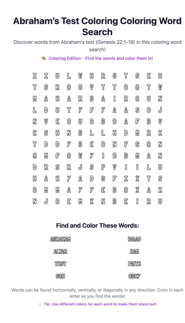 Abraham’s Test Coloring Word Search
