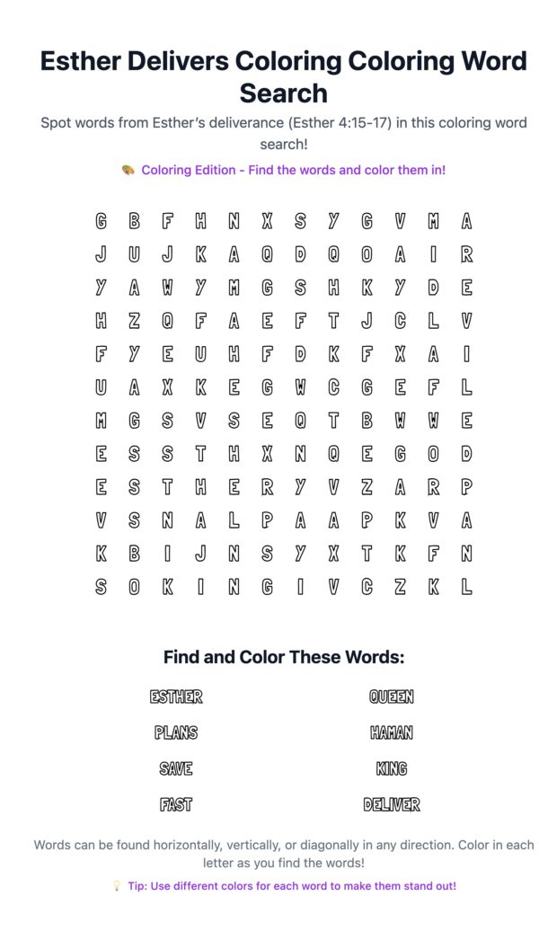 Esther Delivers Coloring Word Search