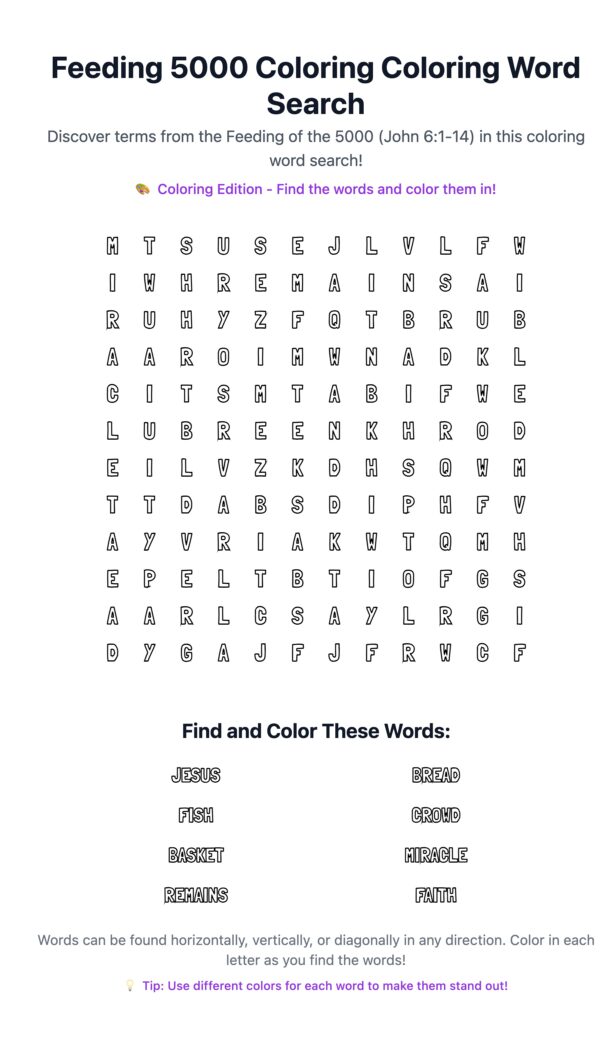 Feeding 5000 Coloring Word Search