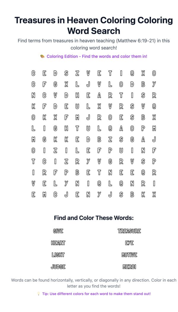 Treasures in Heaven Coloring Word Search