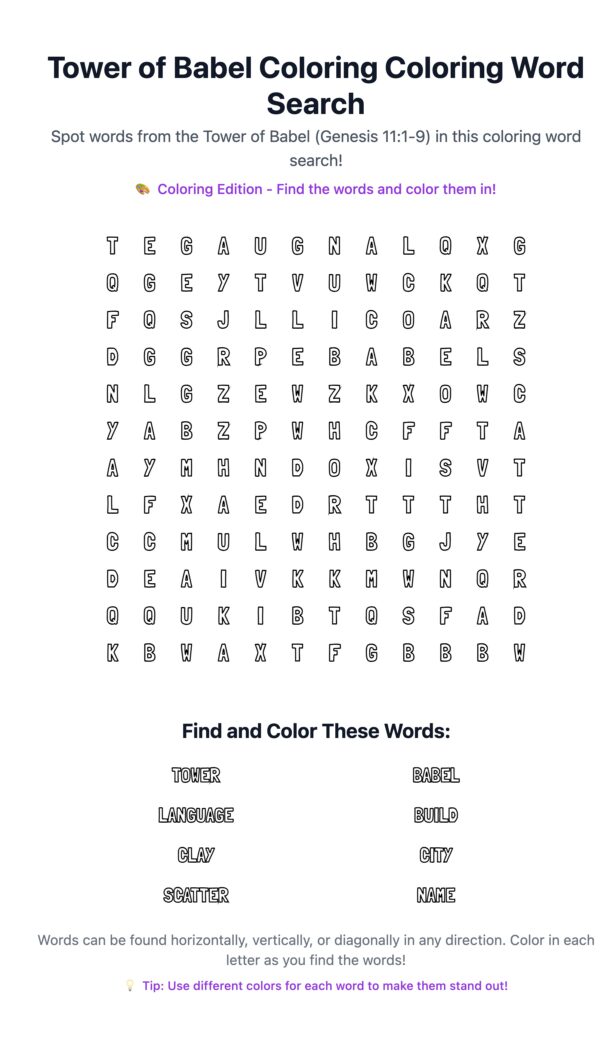 Tower of Babel Coloring Word Search