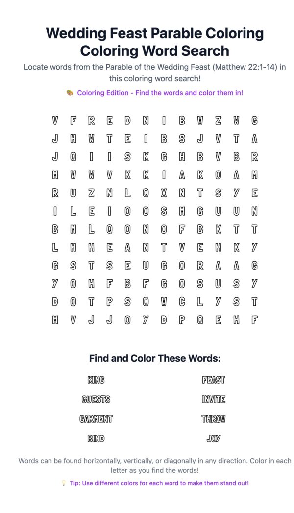 Wedding Feast Parable Coloring Word Search