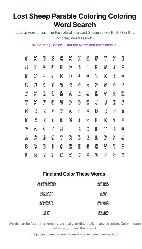 Lost Sheep Parable Coloring Word Search