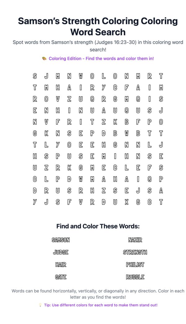 Samson’s Strength Coloring Word Search