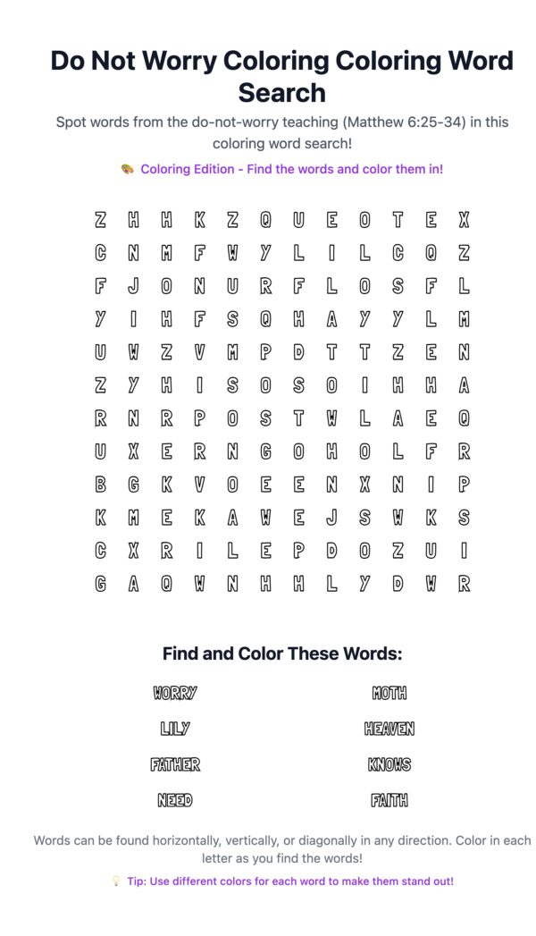 Do Not Worry Coloring Word Search