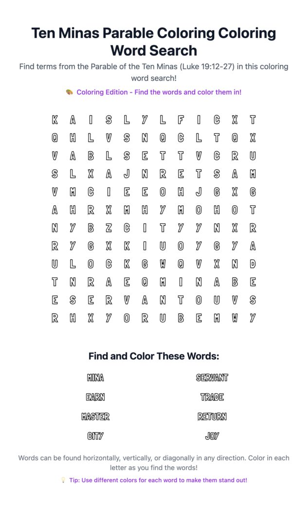 Ten Minas Parable Coloring Word Search