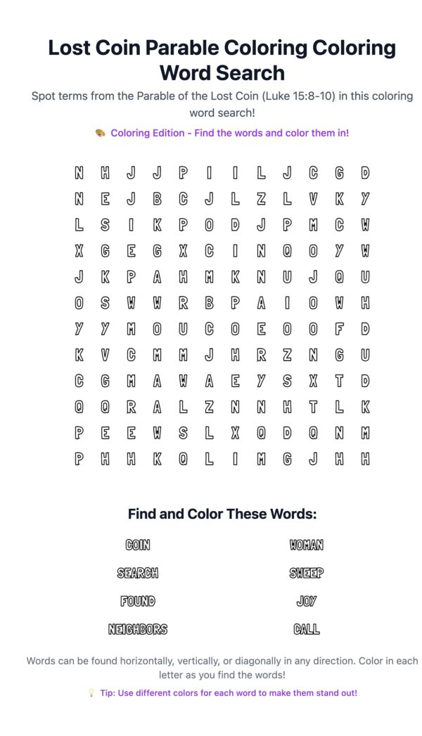 Lost Coin Parable Coloring Word Search