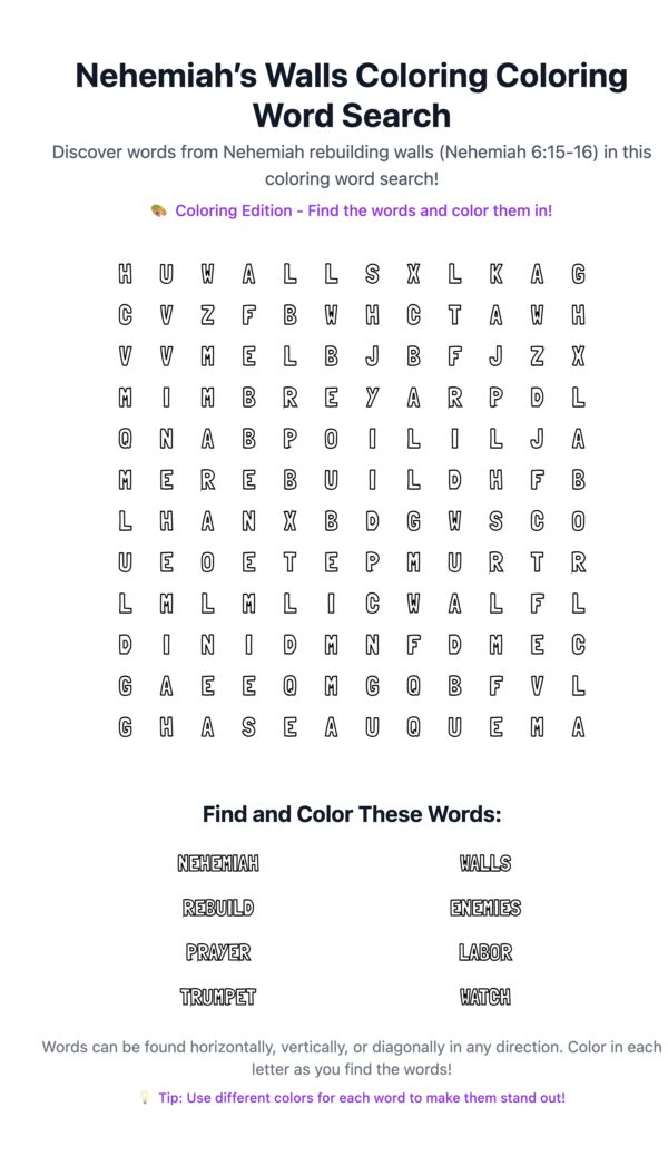 Nehemiah’s Walls Coloring Word Search