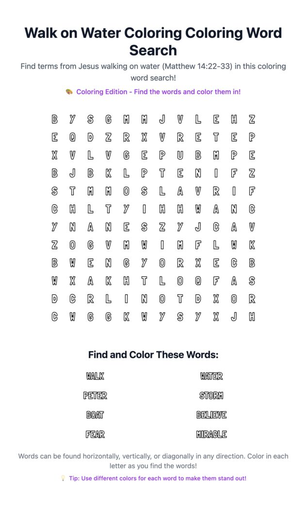 Walk on Water Coloring Word Search