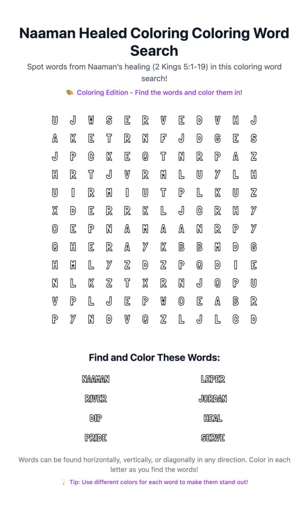 Naaman Healed Coloring Word Search