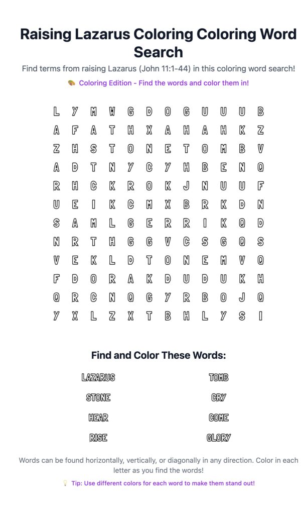 Raising Lazarus Coloring Word Search